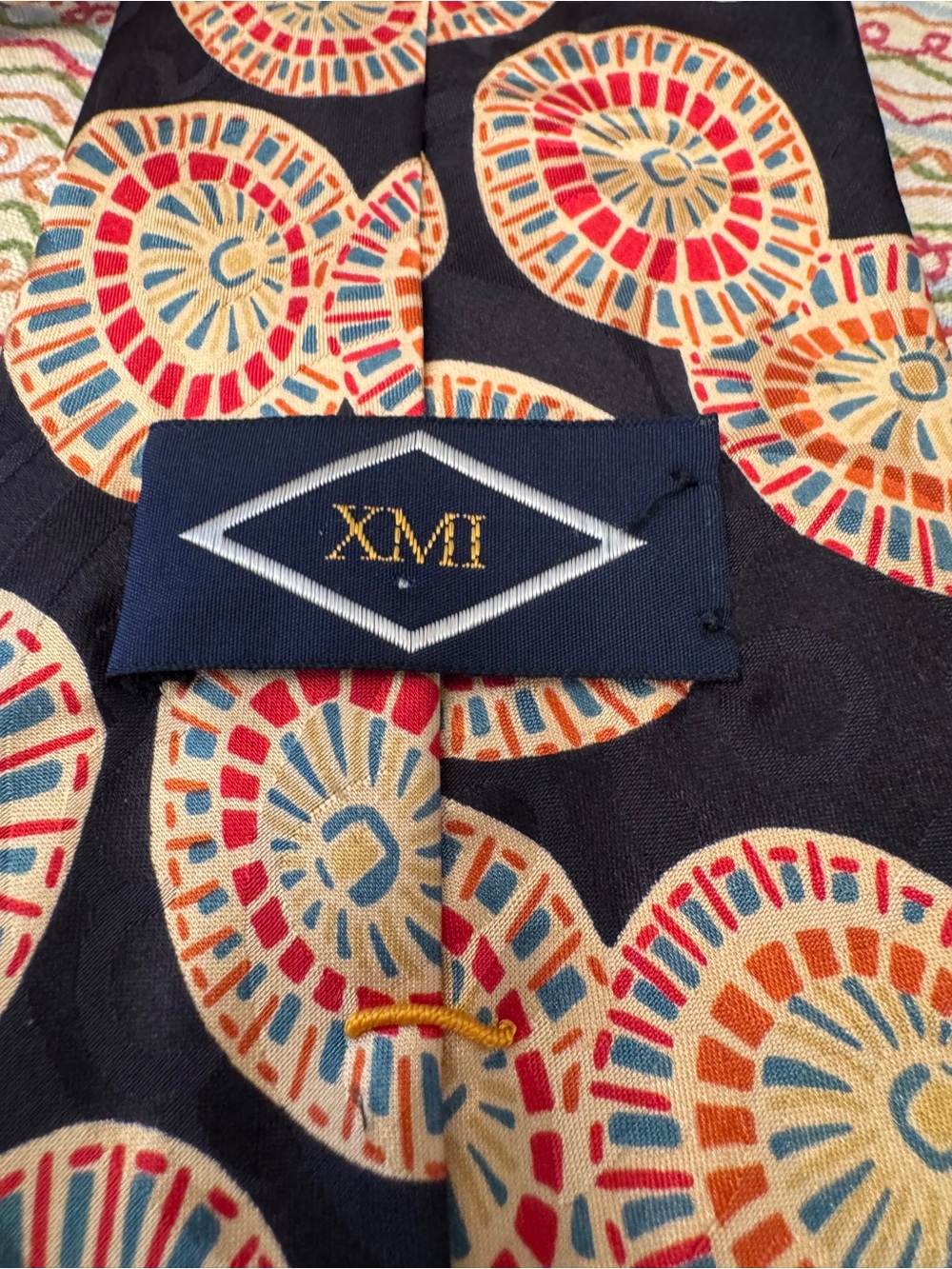 Vintage XMI Platinum Silk Medallion Necktie Navy Tie with Multicolor Circles - Picture 2 of 10